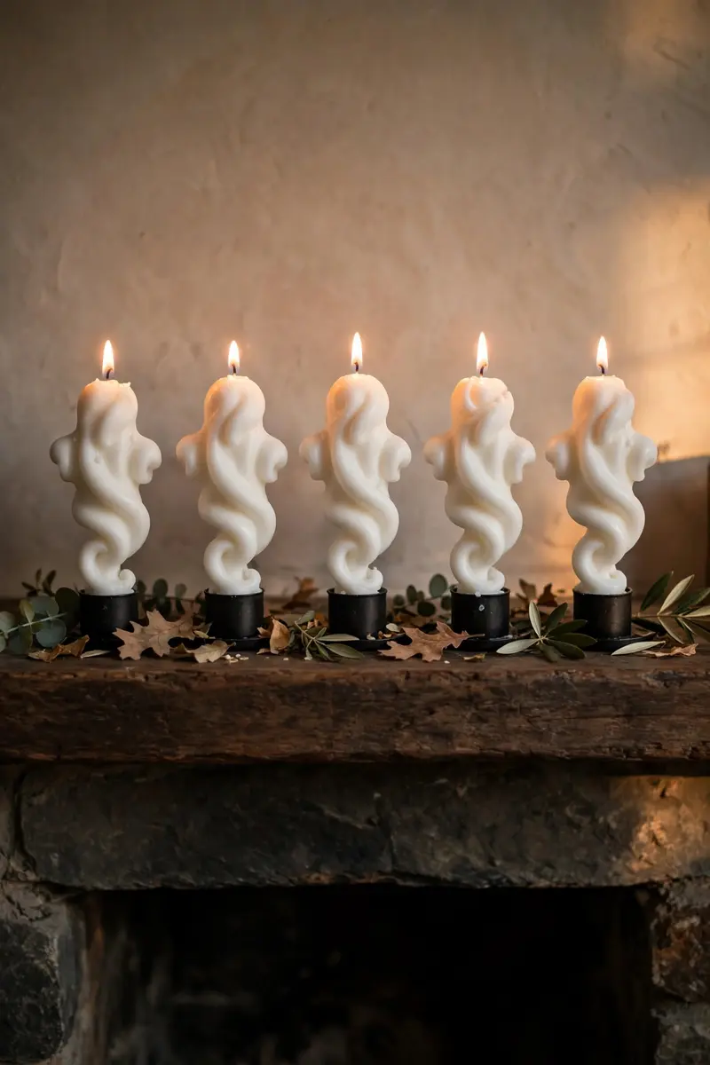 Twisting white ghost candles lined on a Halloween mantel