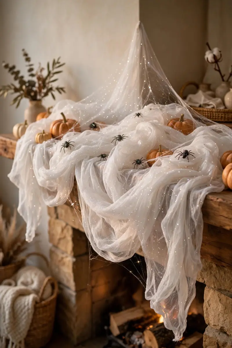 White cheesecloth draped mantel with glitter spiders for Halloween