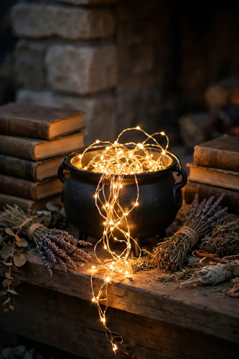 Small black cauldron glowing with fairy lights on a mantel
