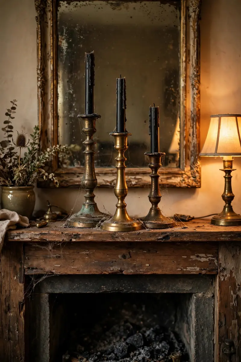 Vintage brass candlesticks with black tapers on a Halloween mantel