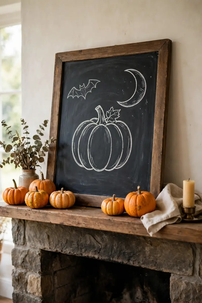 Framed chalkboard with pumpkin doodles leaning on a Halloween mantel