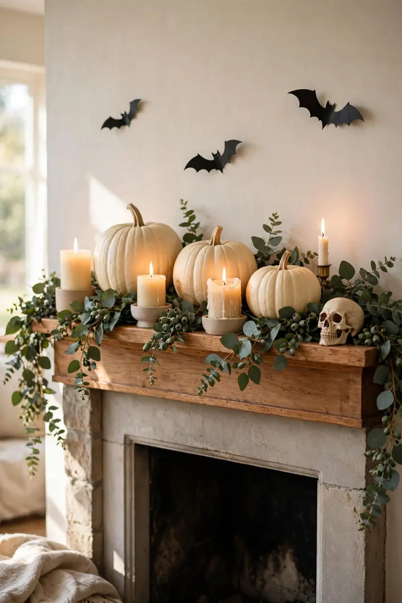 Neutral eucalyptus and cream pumpkin mantel for fall through Halloween