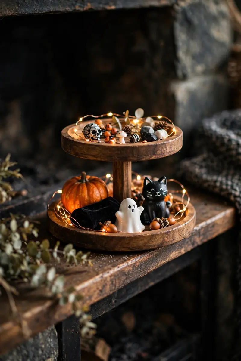 Two-tiered tray with miniature Halloween decor on a mantel