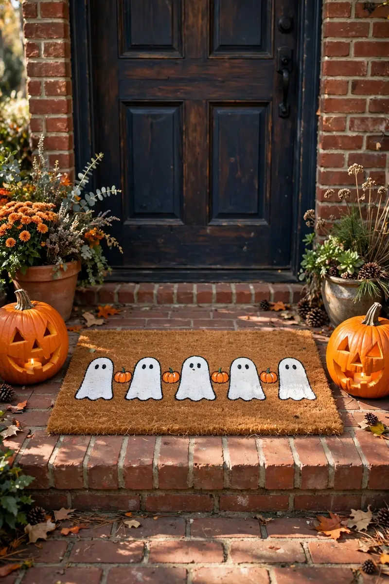 DIY Halloween doormat ideas — hand-painted ghost parade on a coir doormat