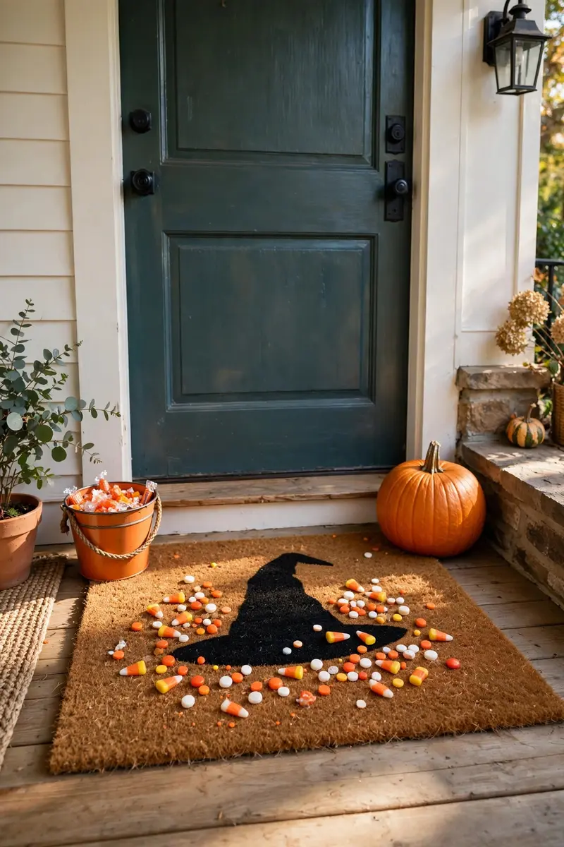 DIY Halloween doormat ideas — witch hat doormat with scattered candy