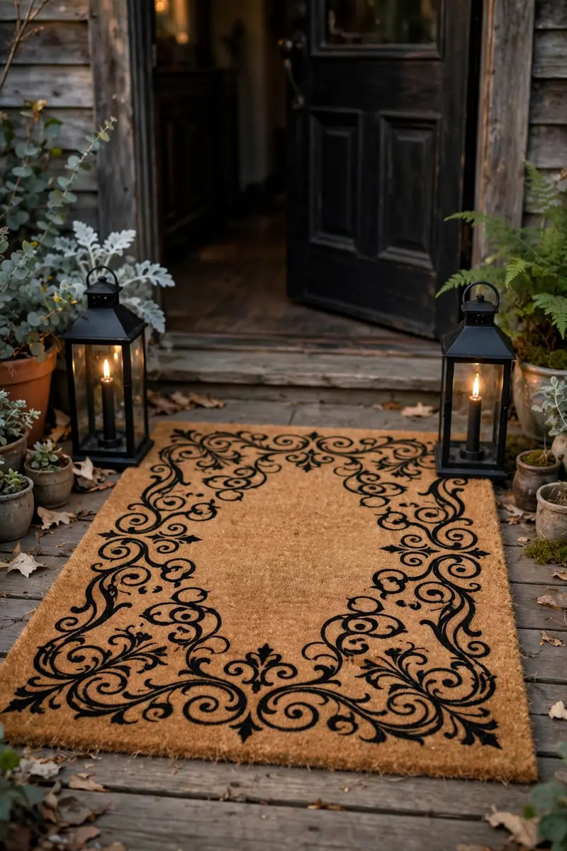 Gothic Script Welcome Mat — hand-painted Halloween doormat on a styled porch