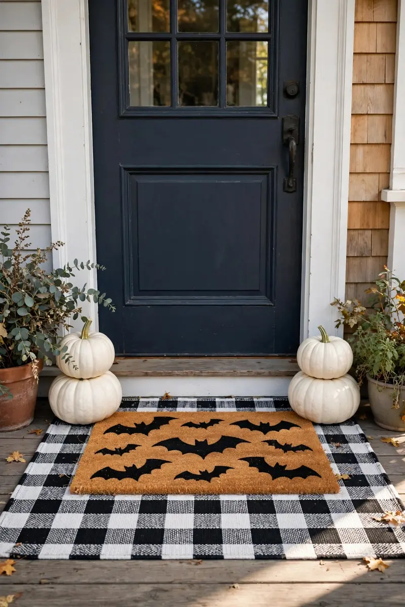 Stay Spooky Layered Mat — hand-painted Halloween doormat on a styled porch