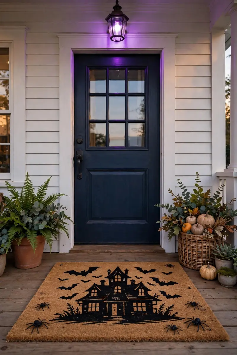 Enter If You Dare Mat — hand-painted Halloween doormat on a styled porch