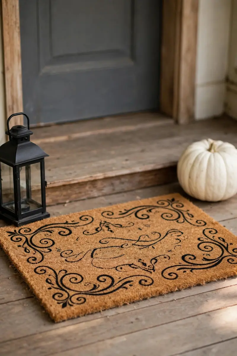 Unwelcome Irony Mat — hand-painted Halloween doormat on a styled porch