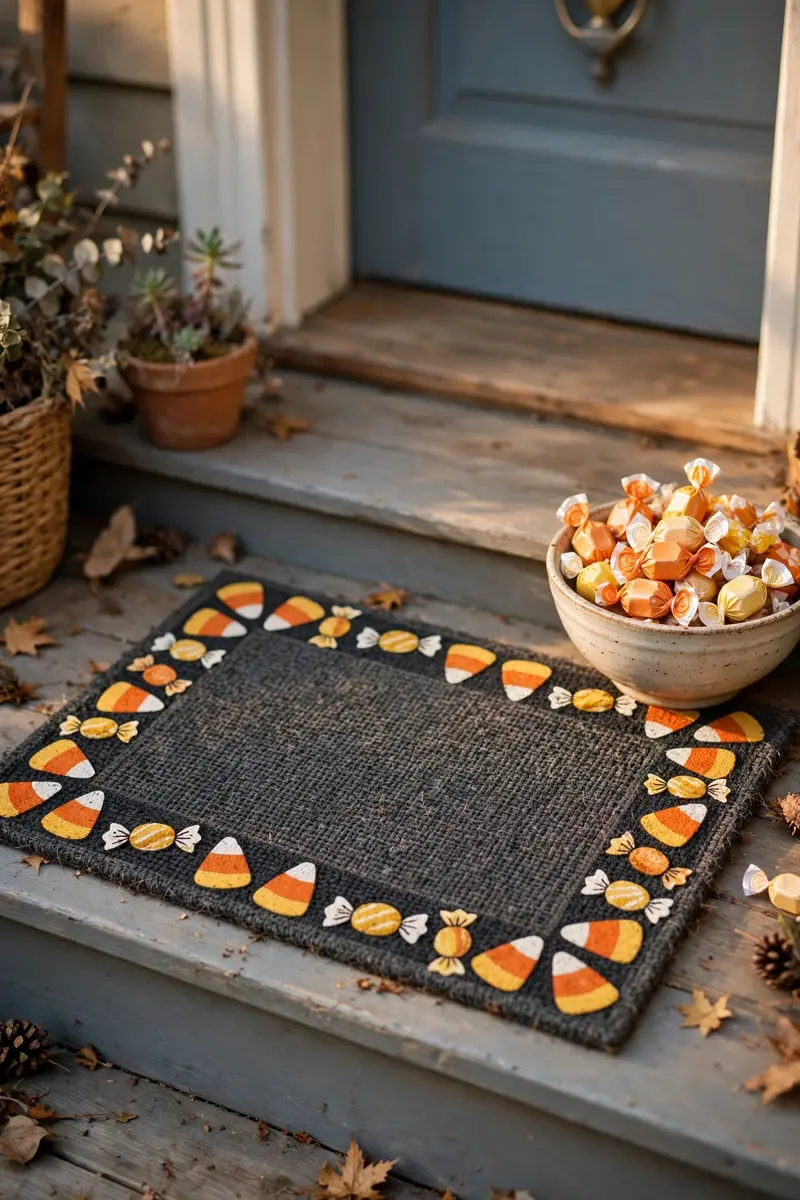 Trick or Treat Yo Self Mat — hand-painted Halloween doormat on a styled porch