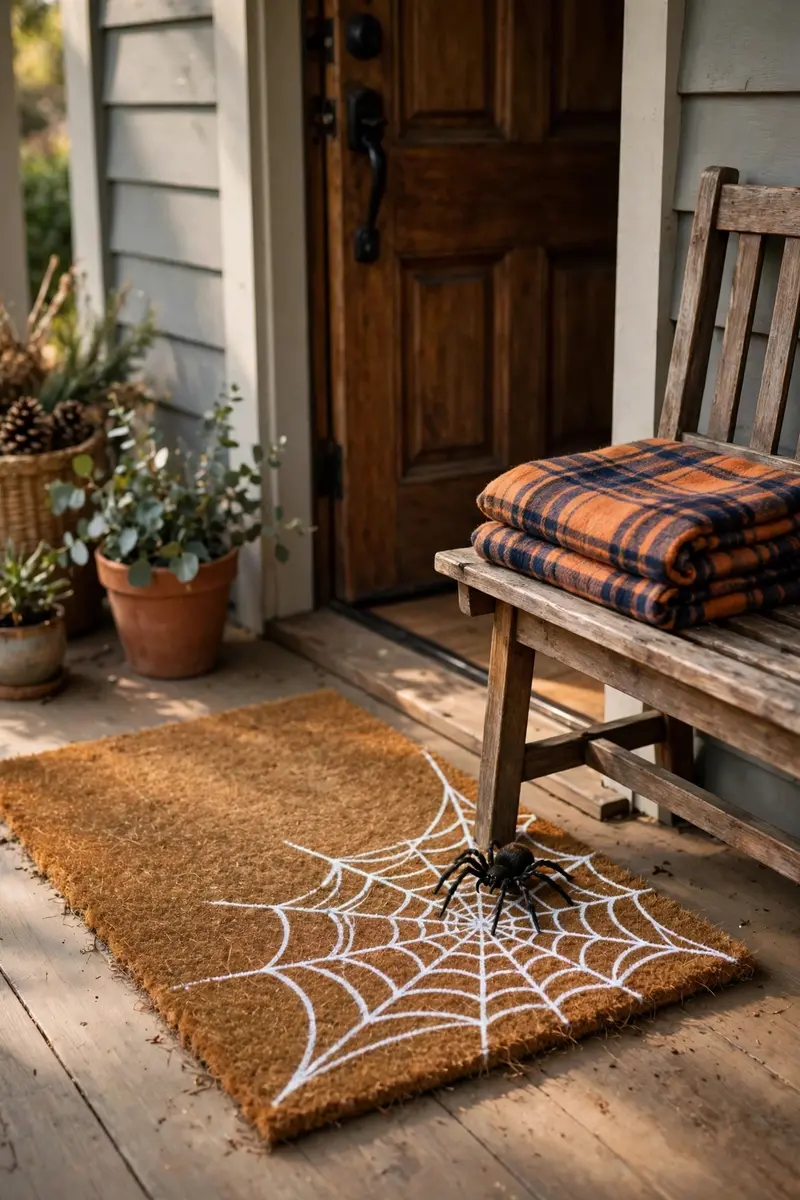 Spiderweb Corner Mat — hand-painted Halloween doormat on a styled porch