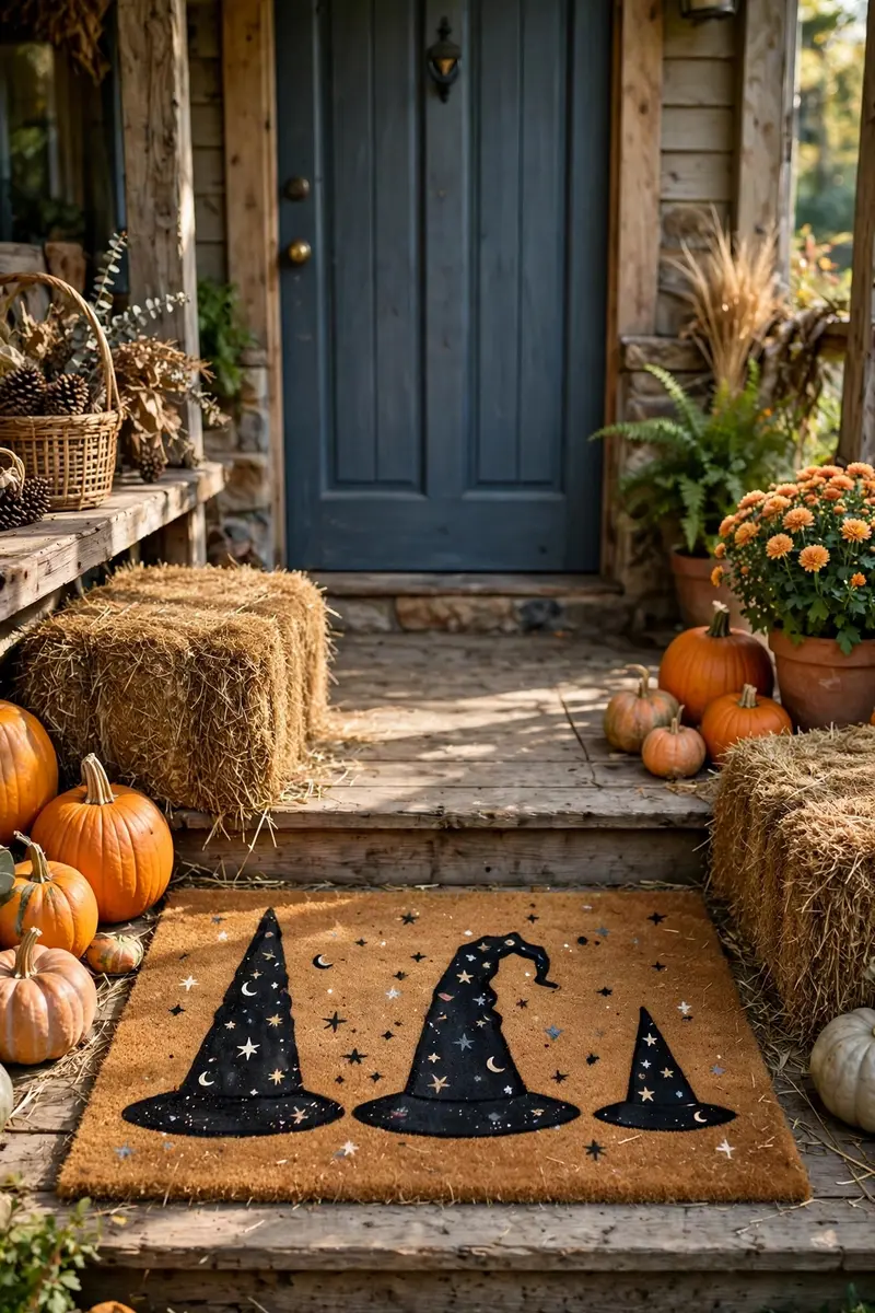 Witch Hat Row Mat — hand-painted Halloween doormat on a styled porch