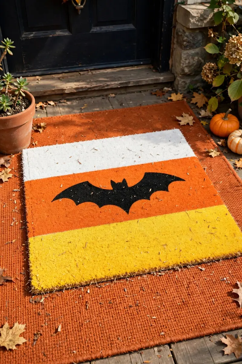 Candy Corn Stripe Mat — hand-painted Halloween doormat on a styled porch