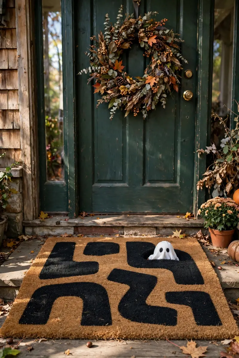Boo Felicia Sassy Mat — hand-painted Halloween doormat on a styled porch