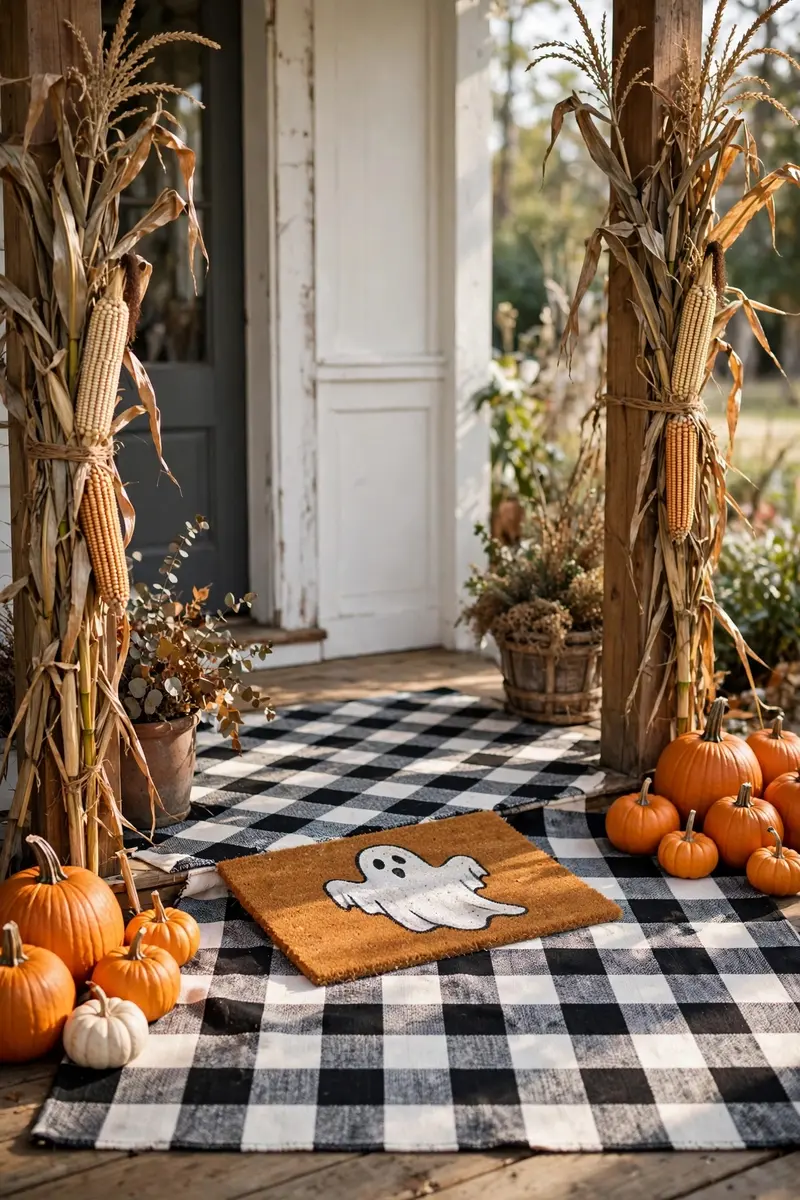 Buffalo Check Layered Mat — hand-painted Halloween doormat on a styled porch