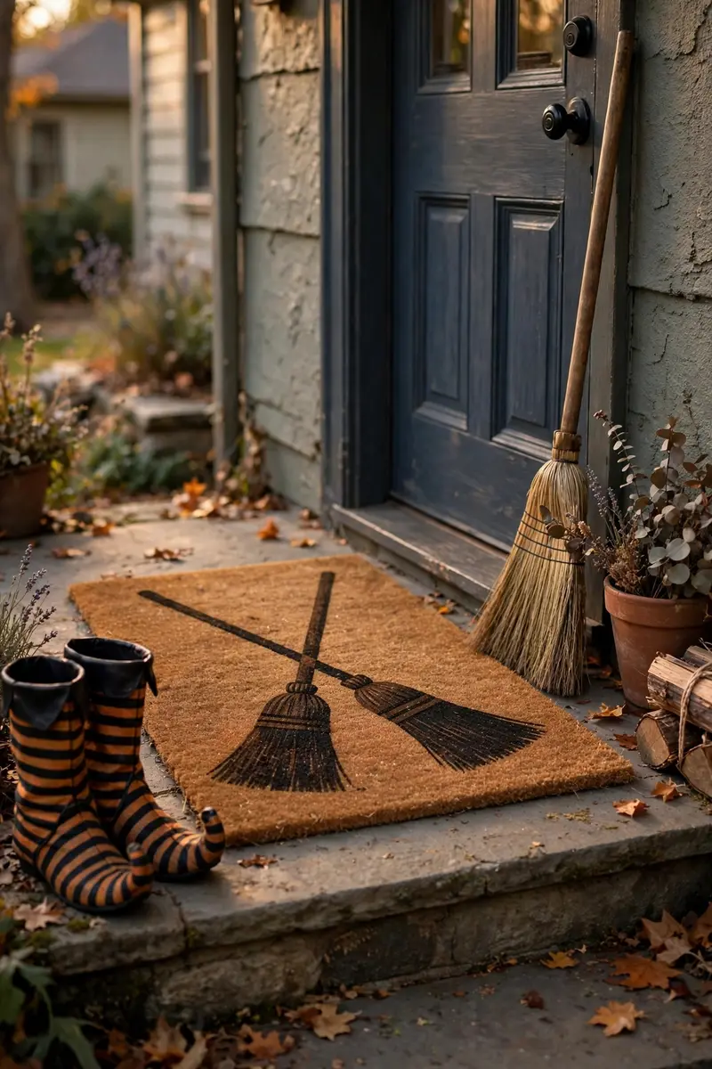 Leave Your Brooms Mat — hand-painted Halloween doormat on a styled porch