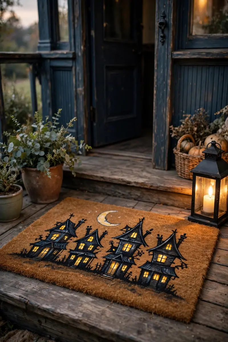 Haunted House Skyline Mat — hand-painted Halloween doormat on a styled porch