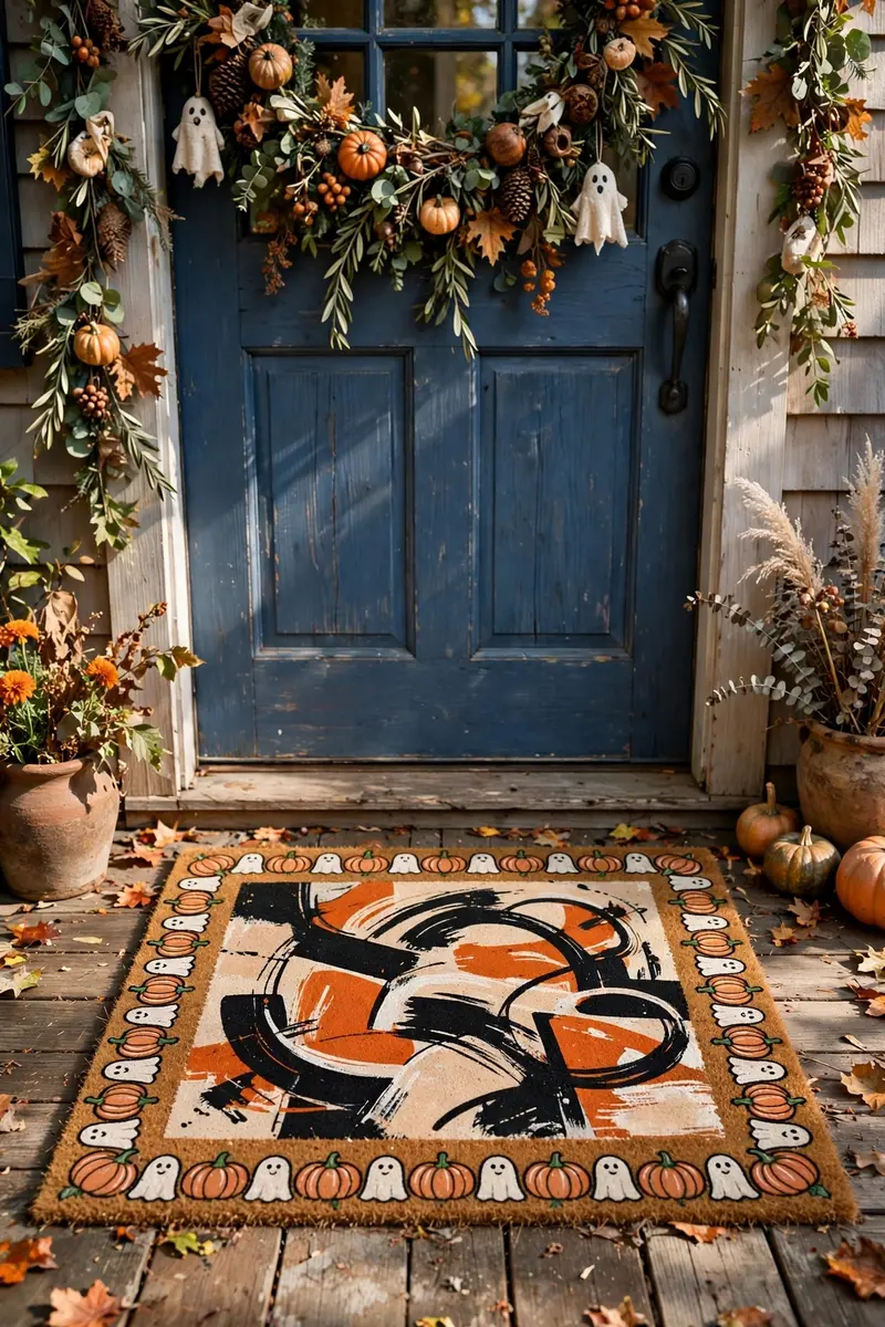 Eat Drink and Be Scary Mat — hand-painted Halloween doormat on a styled porch
