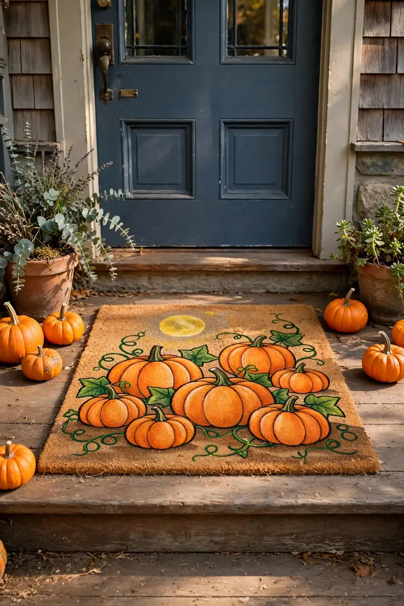 Pumpkin Patch Scene Mat — hand-painted Halloween doormat on a styled porch