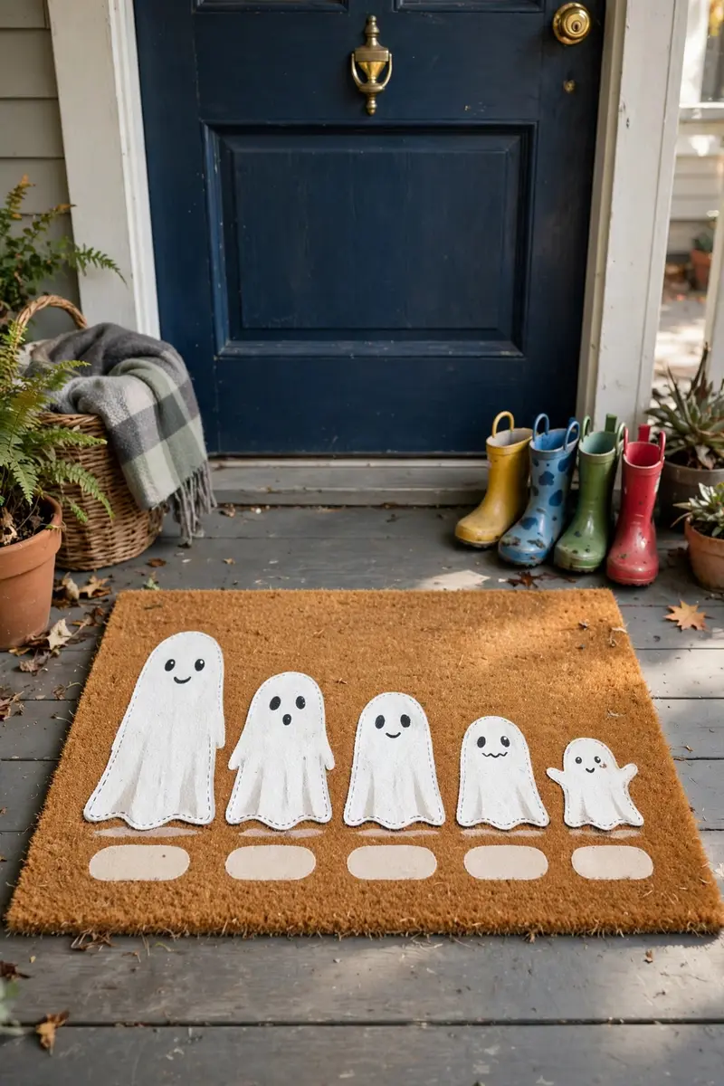 Ghost Family Portrait Mat — hand-painted Halloween doormat on a styled porch