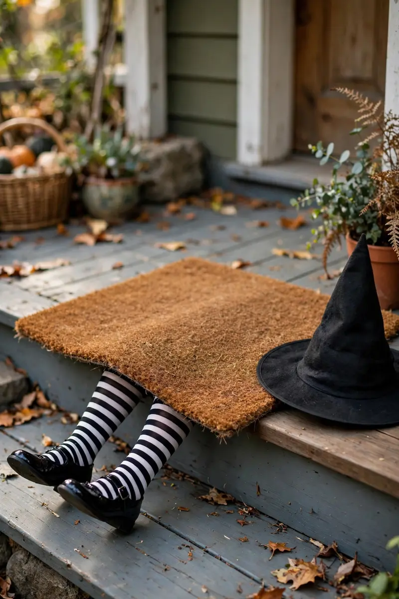 Crushed Witch Legs Mat — hand-painted Halloween doormat on a styled porch