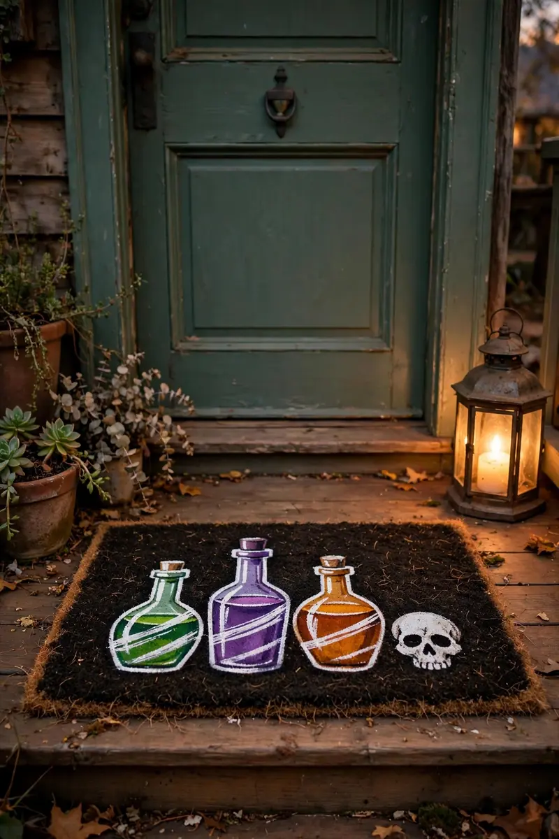 Pick Your Poison Mat — hand-painted Halloween doormat on a styled porch