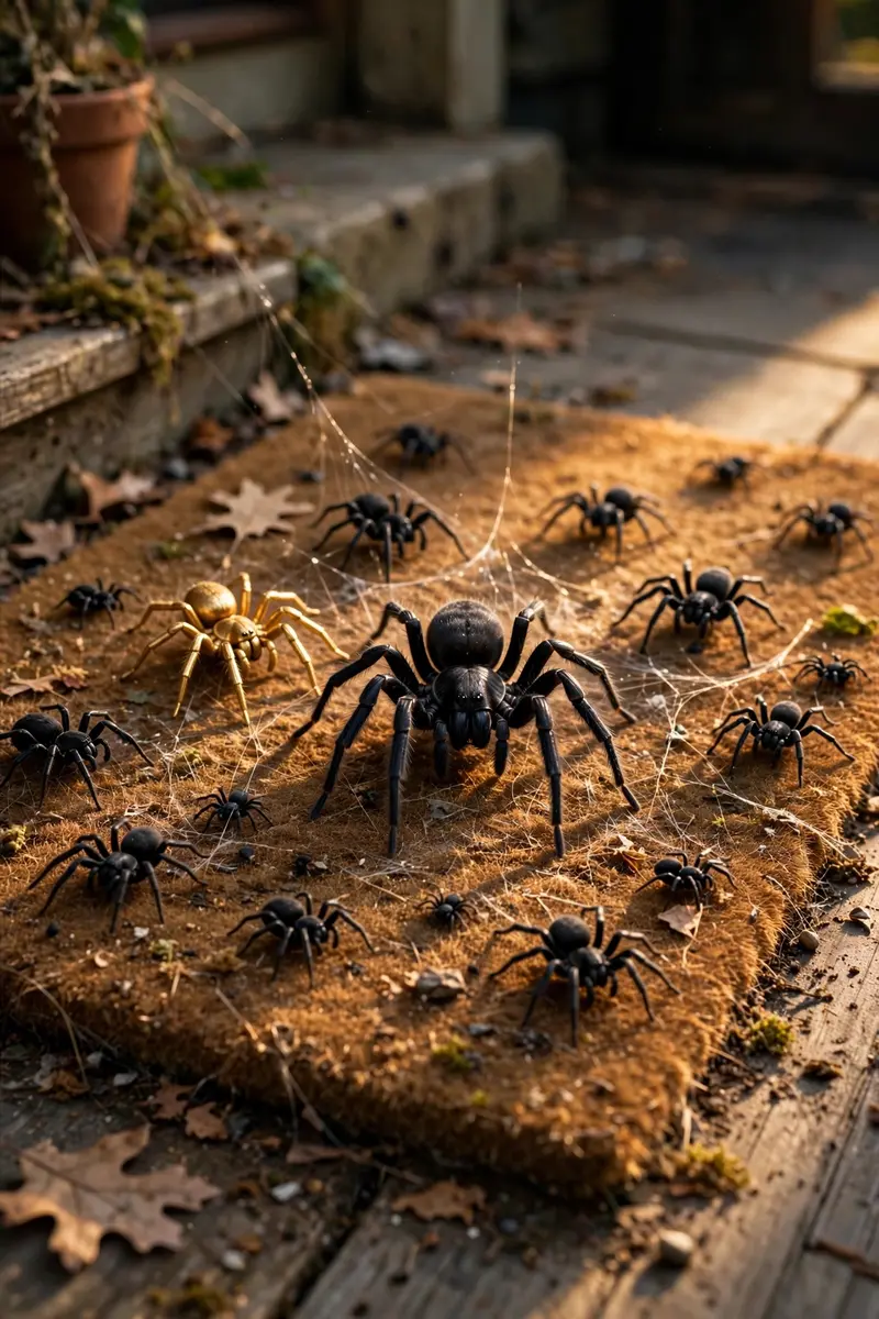 Spider Cluster Mat — hand-painted Halloween doormat on a styled porch