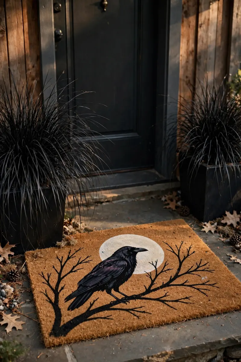 Raven Silhouette Mat — hand-painted Halloween doormat on a styled porch