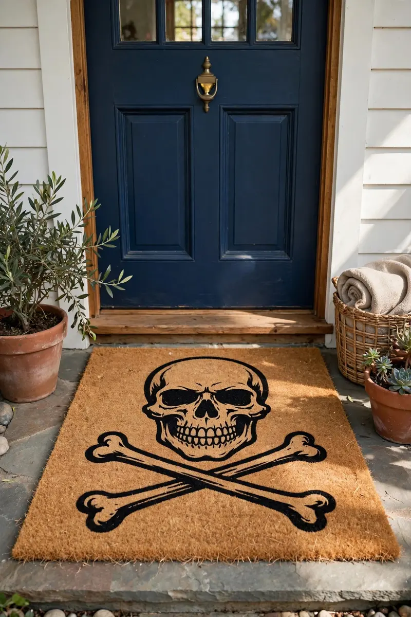Skull and Crossbones Mat — hand-painted Halloween doormat on a styled porch