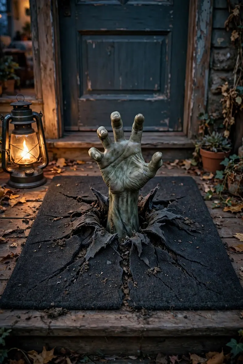 Zombie Hand Grab Mat — hand-painted Halloween doormat on a styled porch