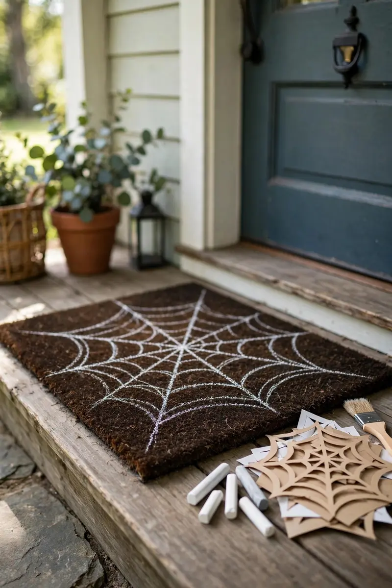 Chalk Drawn Web Mat — hand-painted Halloween doormat on a styled porch