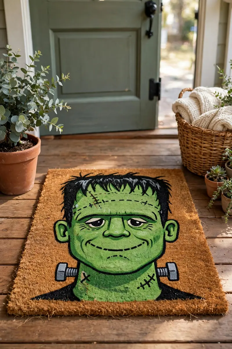 Frankenstein Stitch Mat — hand-painted Halloween doormat on a styled porch