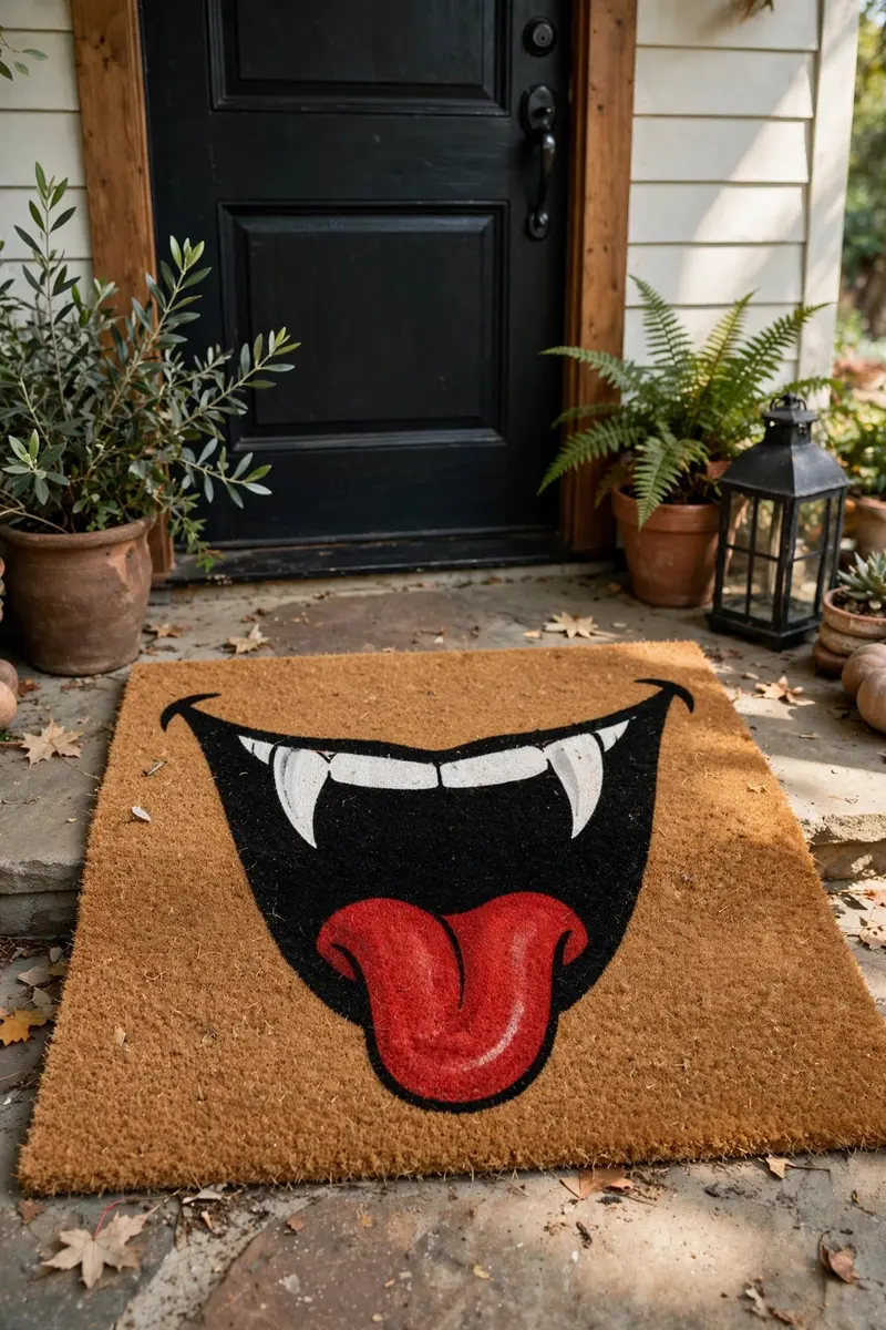 Vampire Fang Grin Mat — hand-painted Halloween doormat on a styled porch