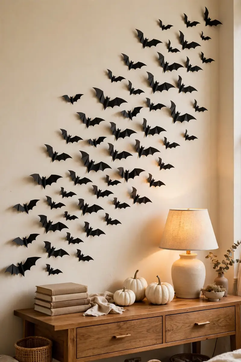 Halloween wall decor ideas — 3D paper bat swarm flying up a living room wall above a console table
