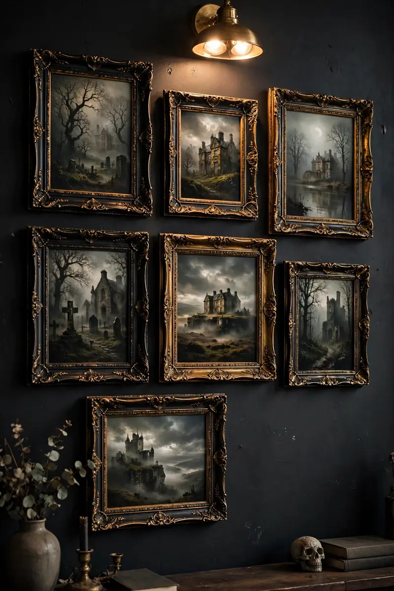 Halloween wall decor ideas — haunted portrait gallery wall in ornate black and gold frames