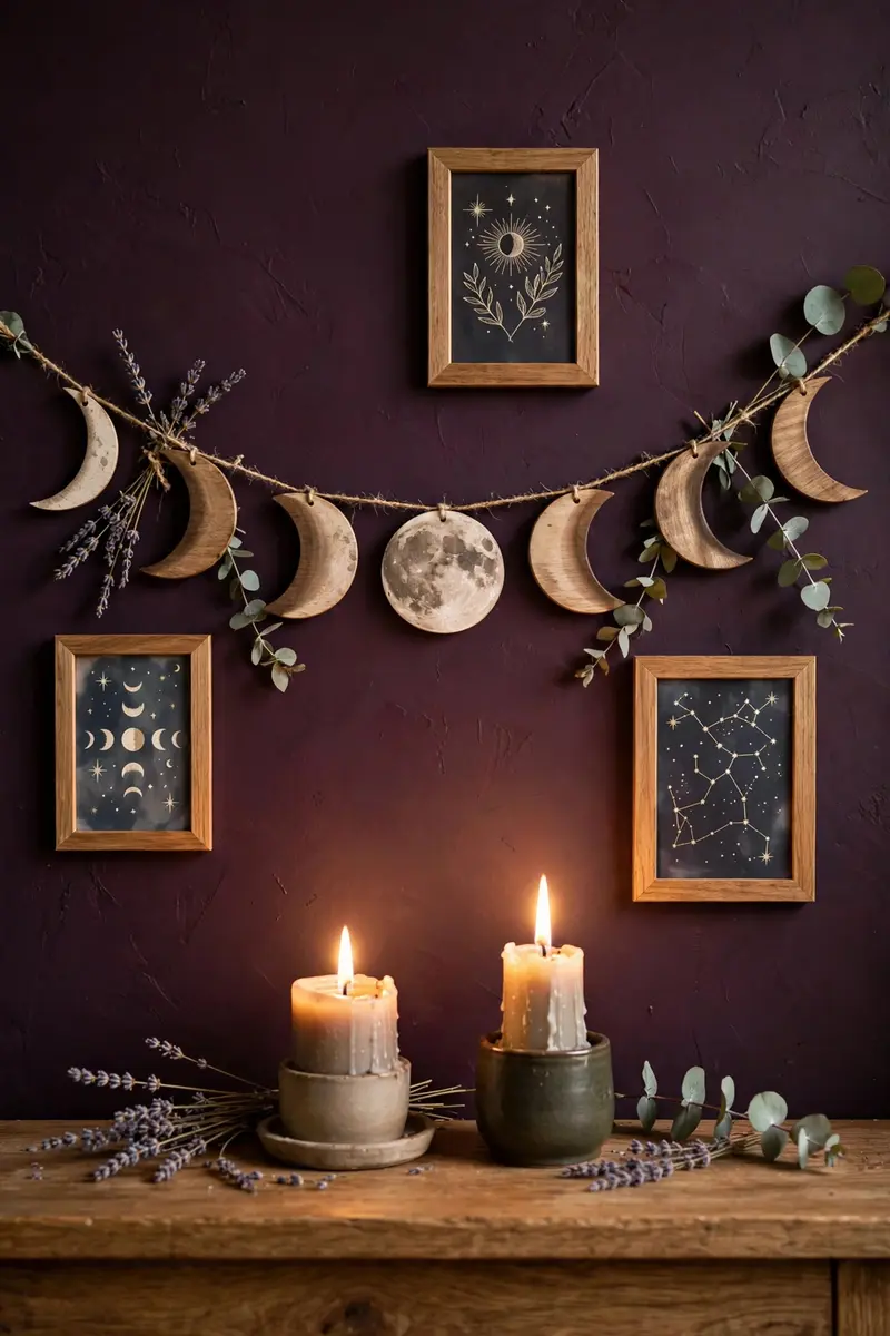 Halloween wall decor ideas — witchcore moon phase garland with tarot prints and candles