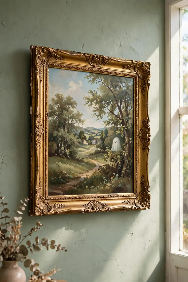 Thrifted vintage landscape painting with a tiny painted white ghost in a gold frame