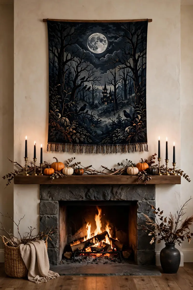 Dark haunted-forest Halloween tapestry hanging above a fireplace mantel with pumpkins