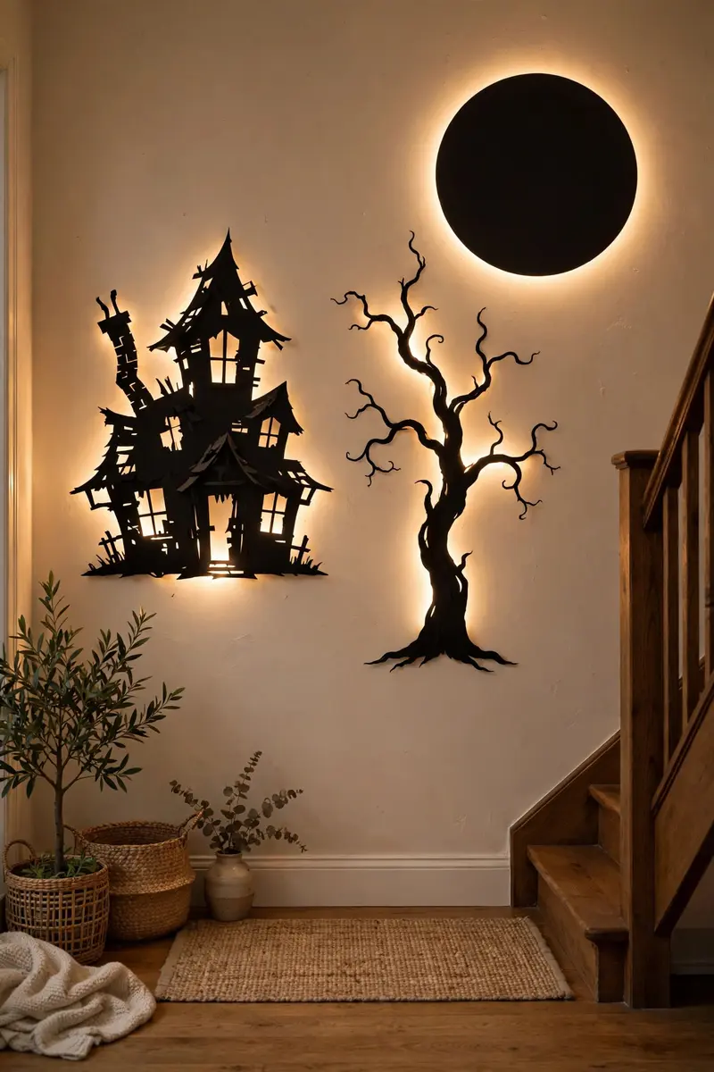Black paper haunted house and tree silhouette cutouts backlit with warm LED glow