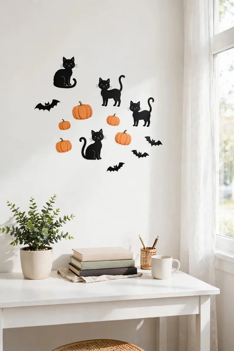 Cute removable Halloween wall decals of black cats and pumpkins above a white desk