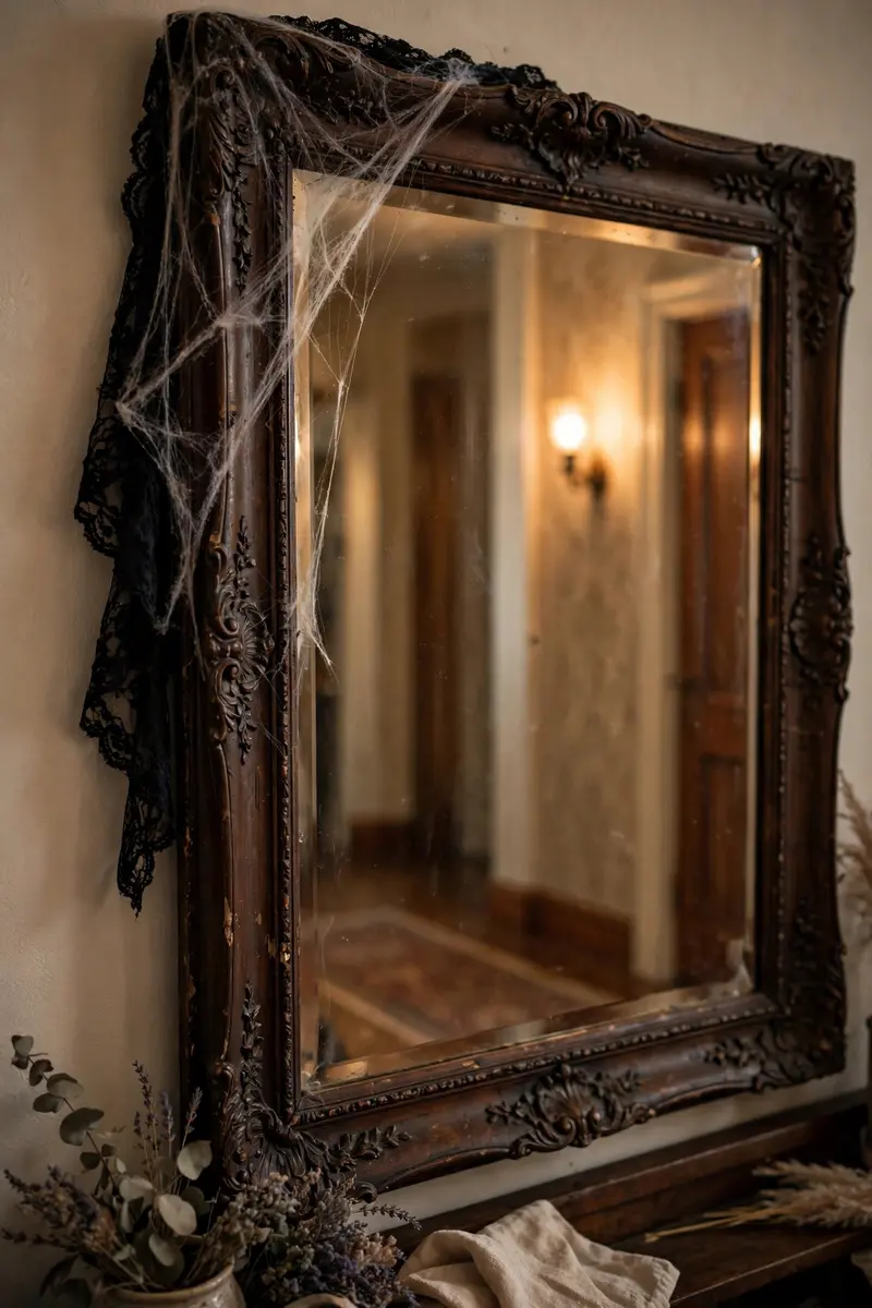 Ornate vintage mirror draped with fake cobwebs and black lace trim