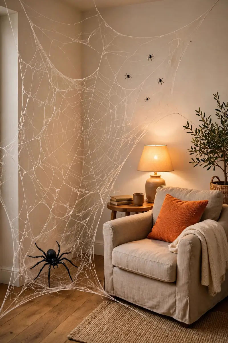 Giant stretched white spider web with large black spider in a cozy room corner