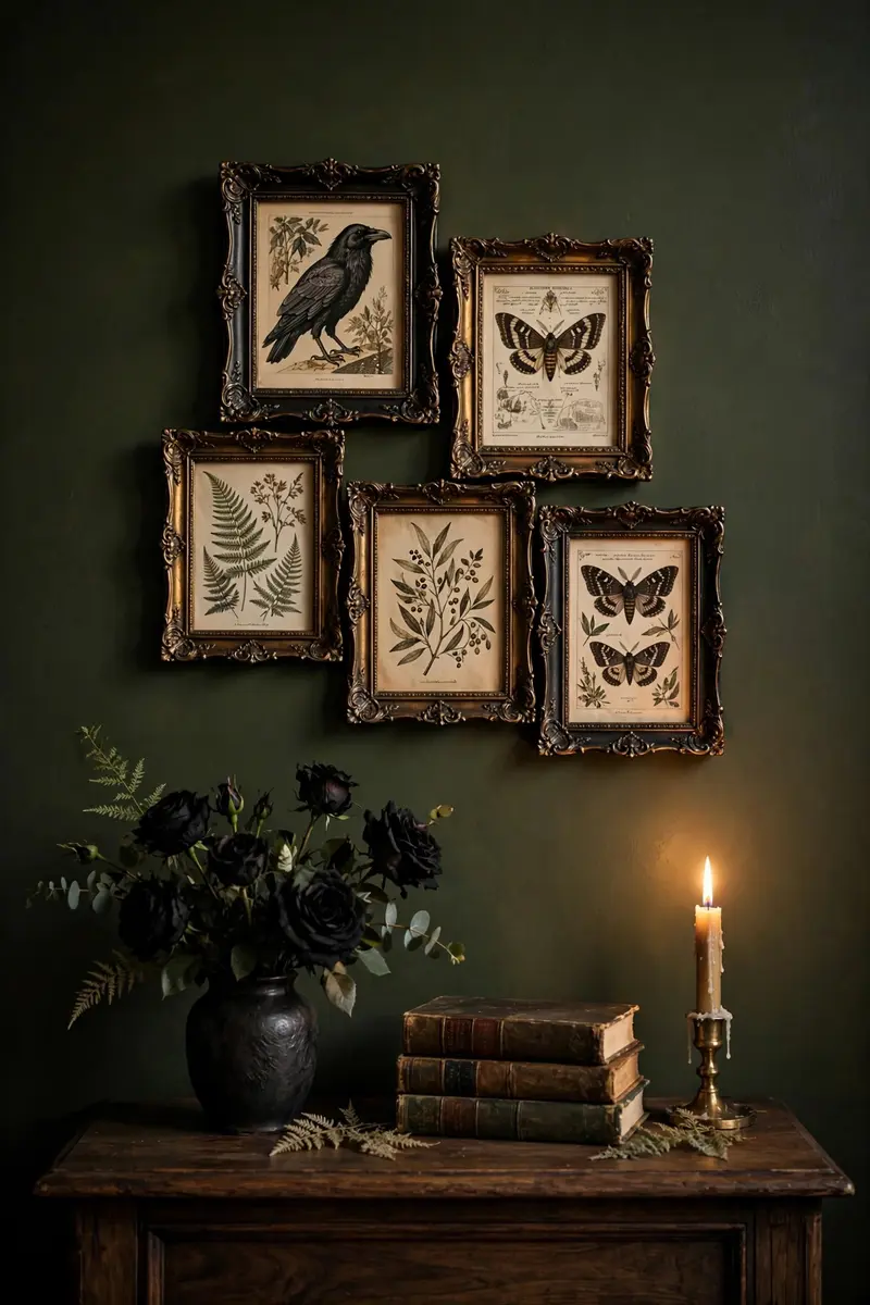 Dark academia gallery wall of small ornate frames with raven illustrations