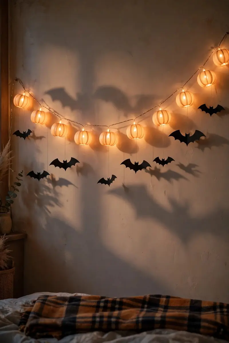 Glowing pumpkin string lights with paper bats casting shadows on a bedroom wall
