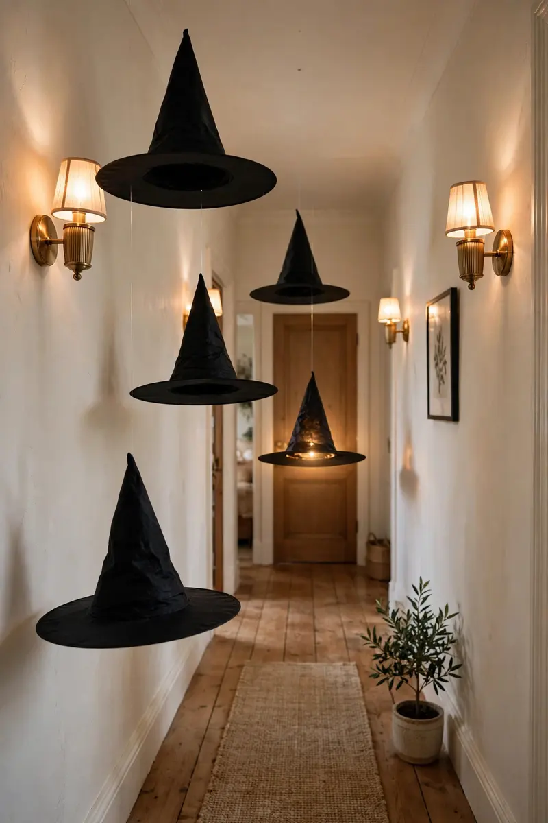 Black witch hats suspended at staggered heights along a hallway wall