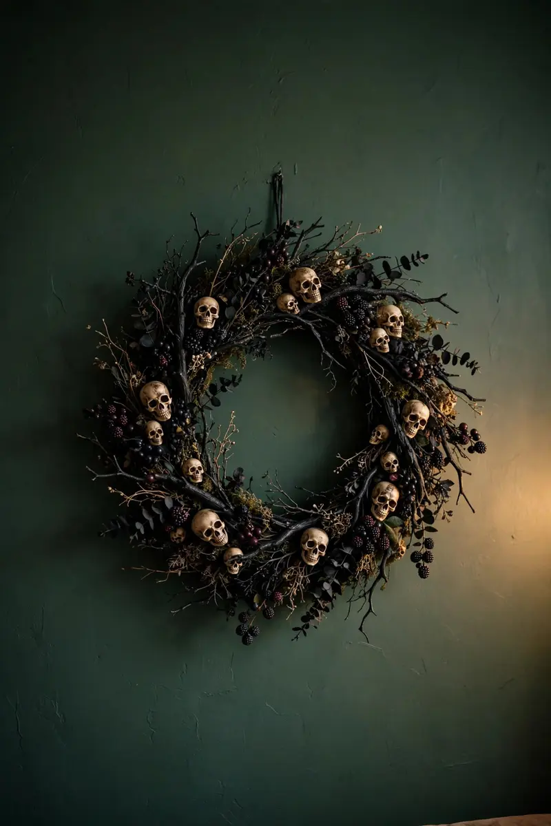 Dramatic black-branch wreath with mini skulls and dark berries on a green wall