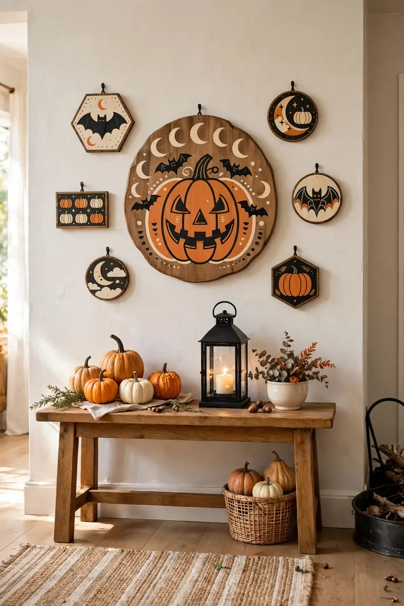 Wooden Halloween wall plaques with painted pumpkin, bat, and moon motifs