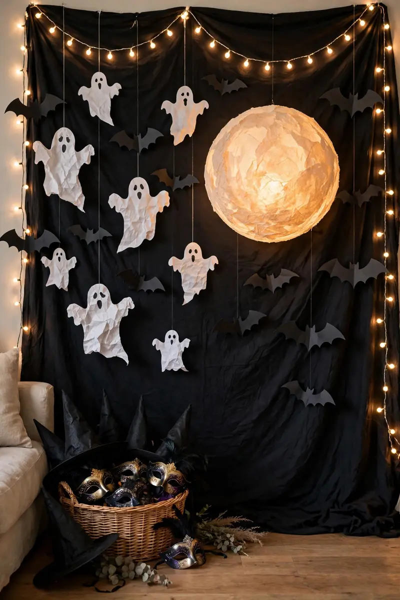 Halloween party photo backdrop wall with glowing paper moon, ghosts, and bats