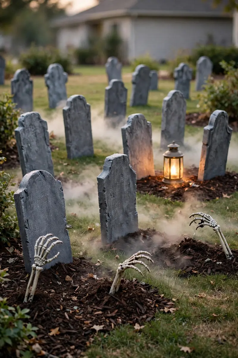 Scary Halloween decor ideas — front yard graveyard with tombstones and fog