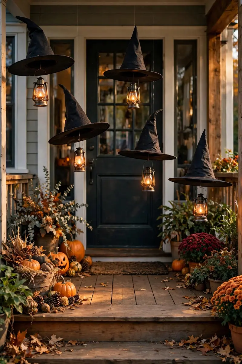 Scary Halloween decor ideas — floating witch hats over a glowing porch